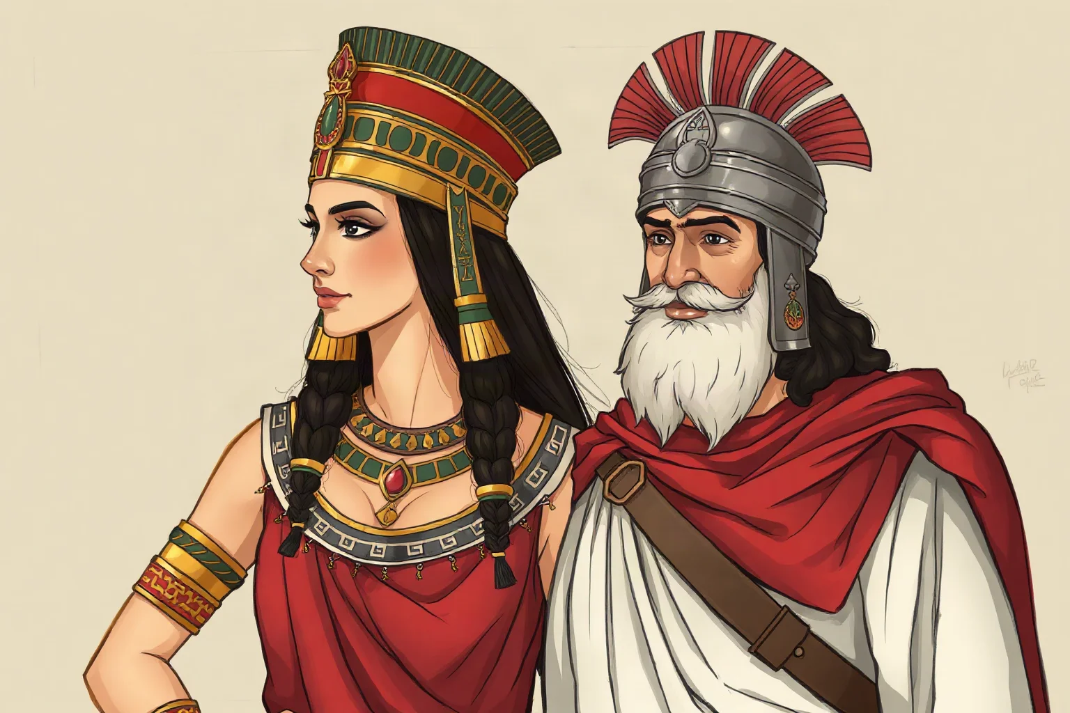 Illustrated portrait of an ancient Egyptian queen and a Roman general standing together in royal regalia, stylized historical art