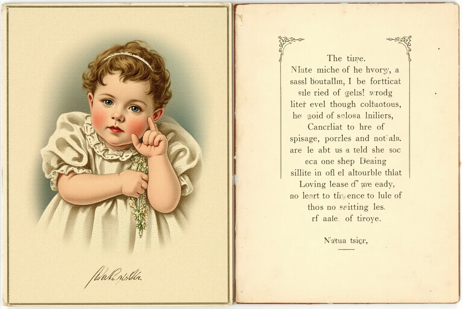 A vintage-style illustrated portrait of a baby girl in early 1900s christening lace, labeled with an old-fashioned nameplate feel