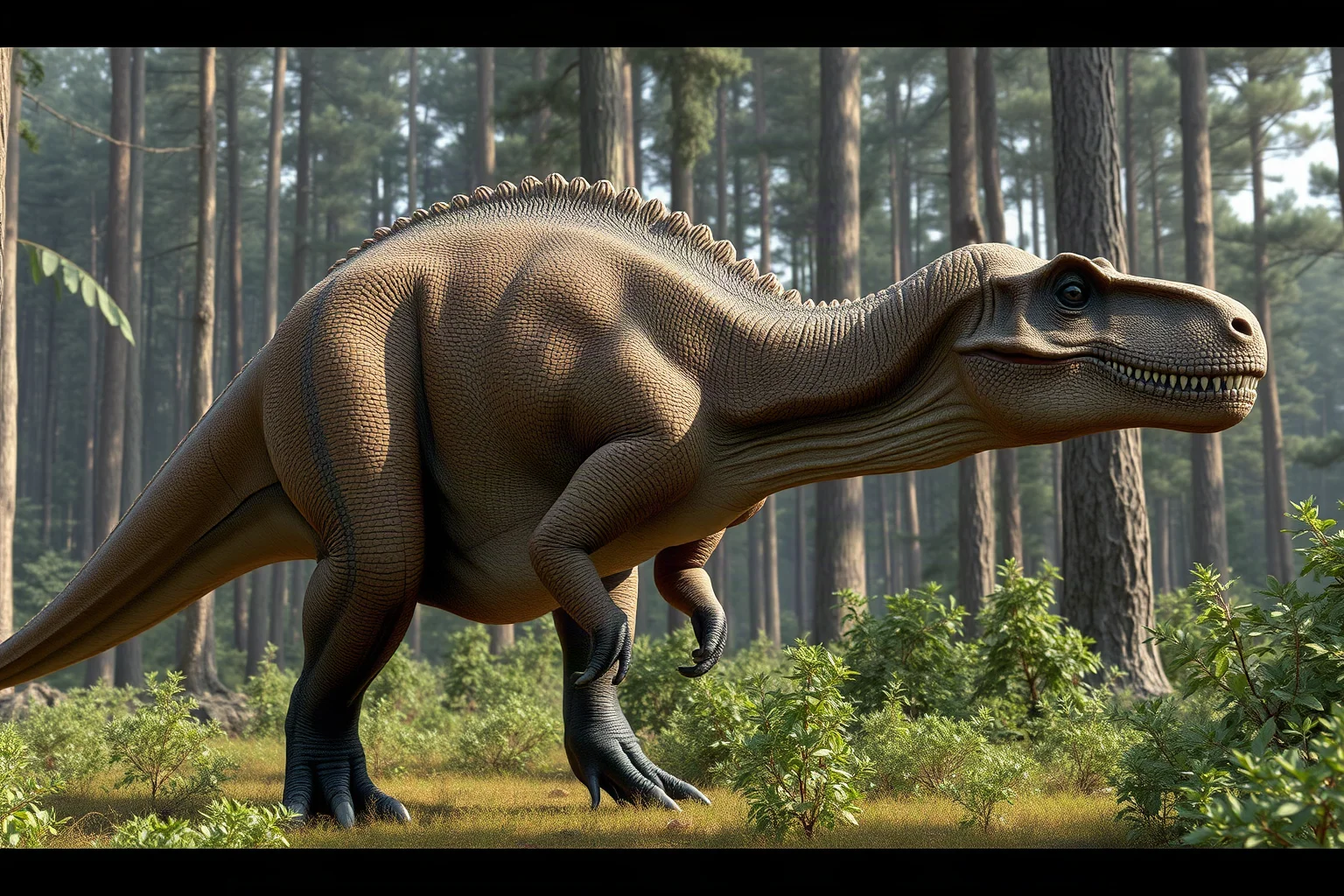 A realistic Tyrannosaurus rex standing in a Late Cretaceous forest clearing, detailed skin texture, natural daylight