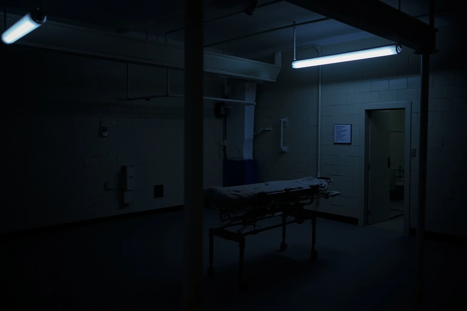 25 Disturbing Last Words By Notorious Criminals 2 A dimly lit prison execution chamber with an empty gurney, cold fluorescent lighting, somber and clinical atmosphere, no visible people