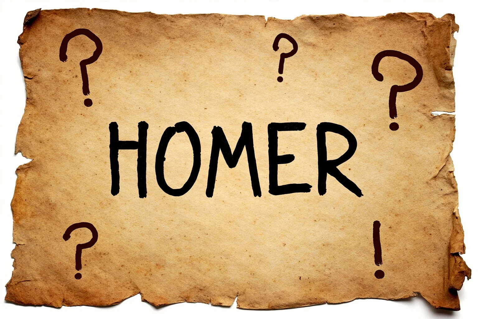 Ancient Greek scroll with 'Homer' written in classical Greek letters, surrounded by question marks and scholarly symbols