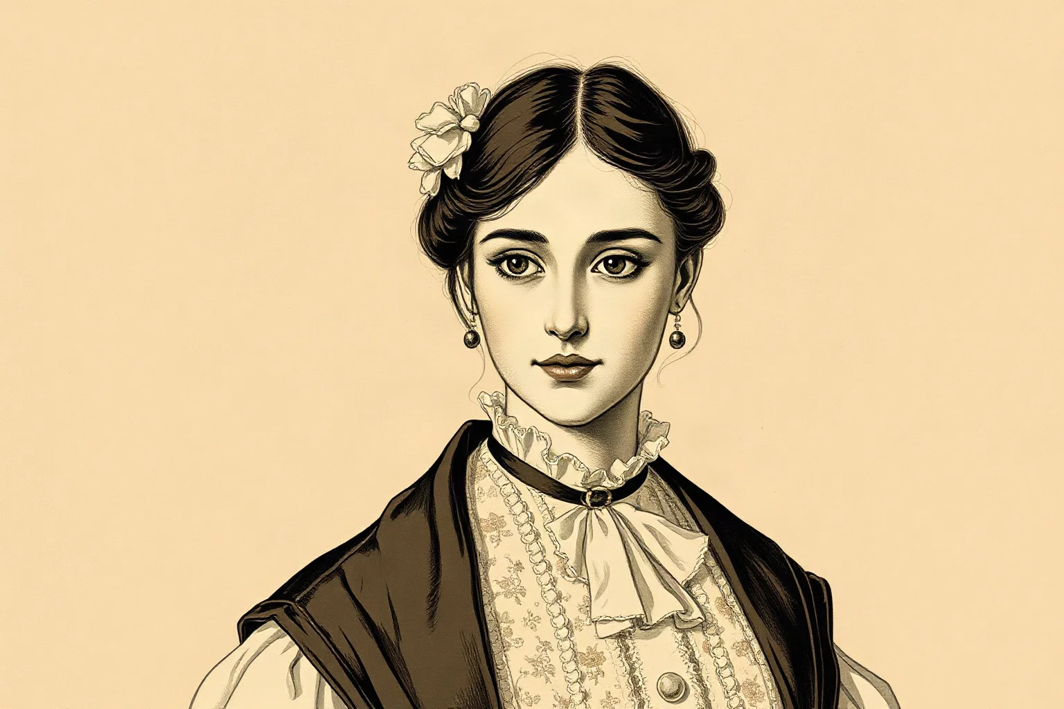 A vintage-style illustrated portrait of a young European woman in 1890s formal dress, sepia tone, generic fictional likeness