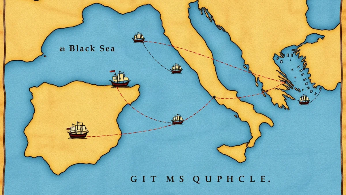 A medieval European map illustration showing ships and trade routes leading from the Black Sea into Sicily, styled like an old parchment map