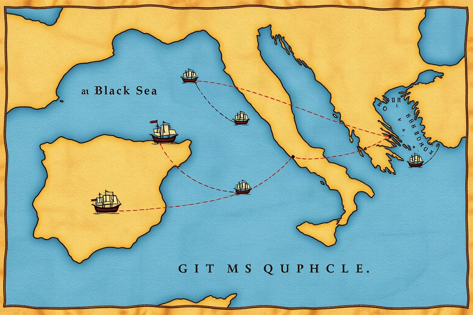 A medieval European map illustration showing ships and trade routes leading from the Black Sea into Sicily, styled like an old parchment map