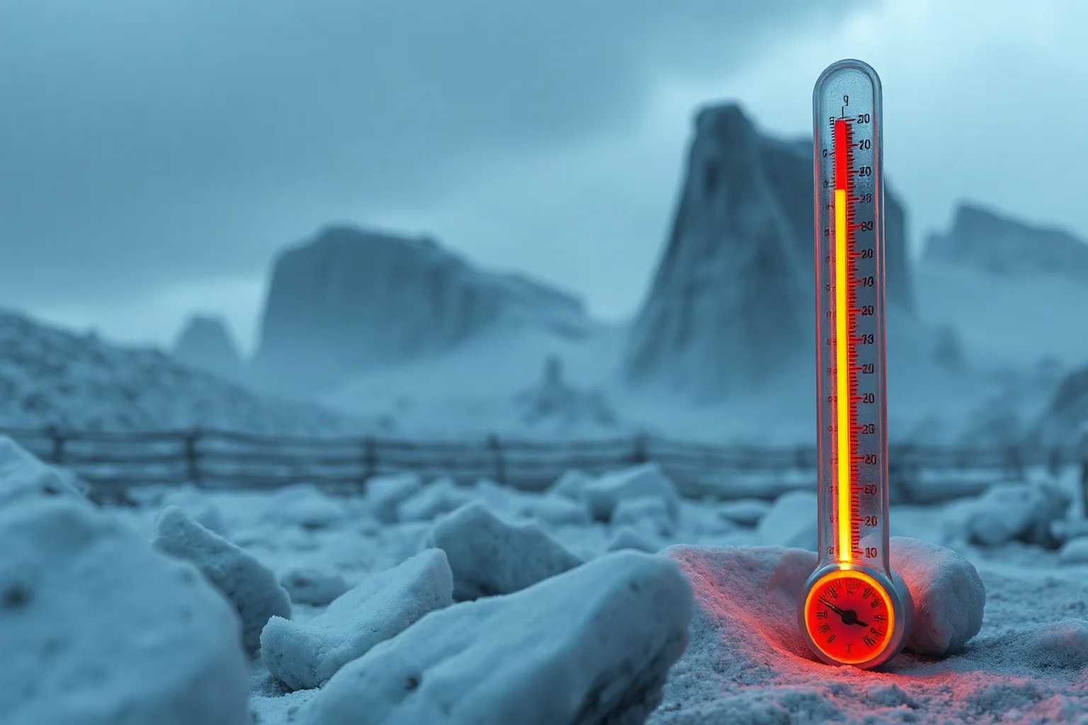 A conceptual illustration of a glowing thermometer beside a snow-covered ancient landscape, symbolizing the definition of an ice age