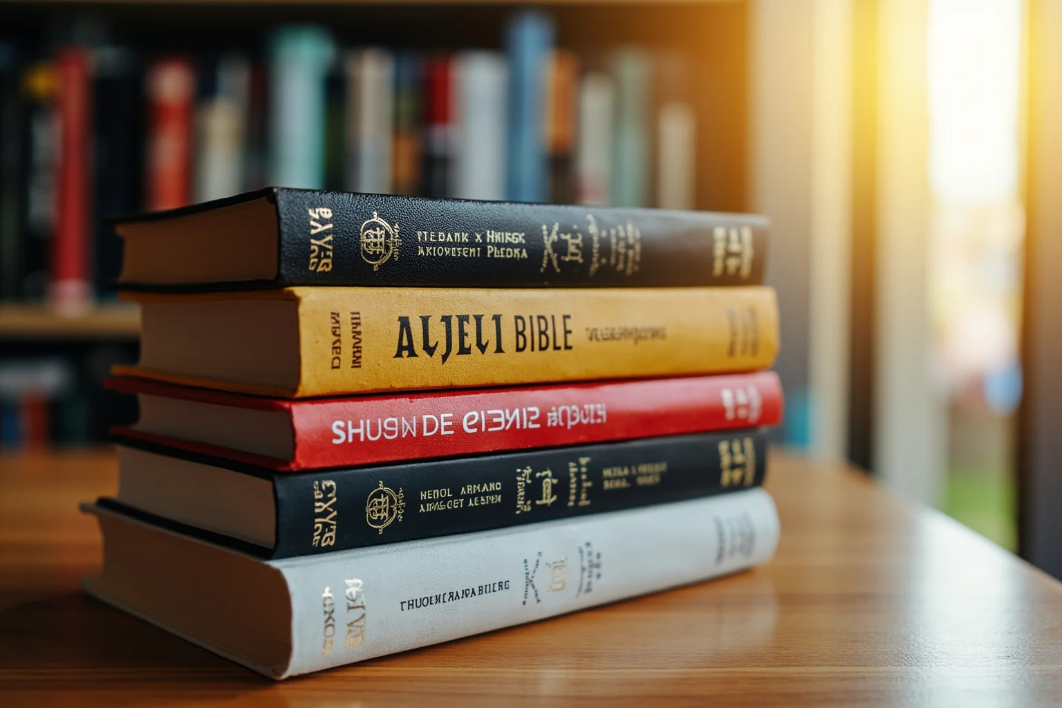 Stack of ancient and modern Bibles in different languages on a wooden table, symbolizing bestseller status