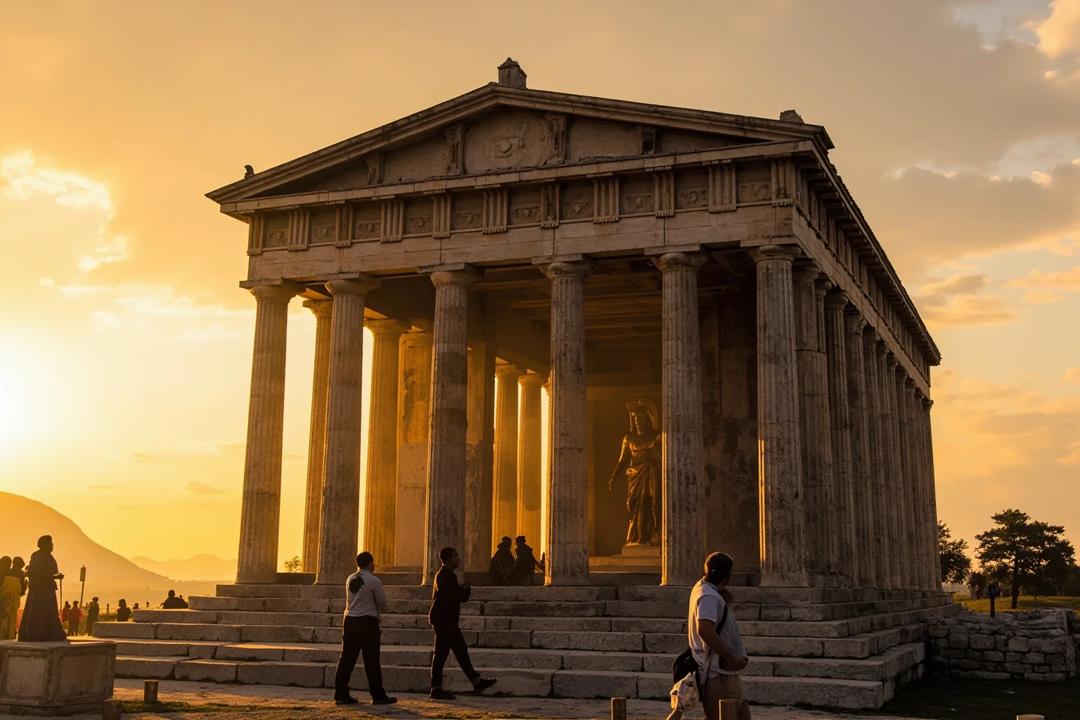 Ancient marble temple with a golden statue of a Greek goddess visible inside, worshippers gathered outside, warm sunset light