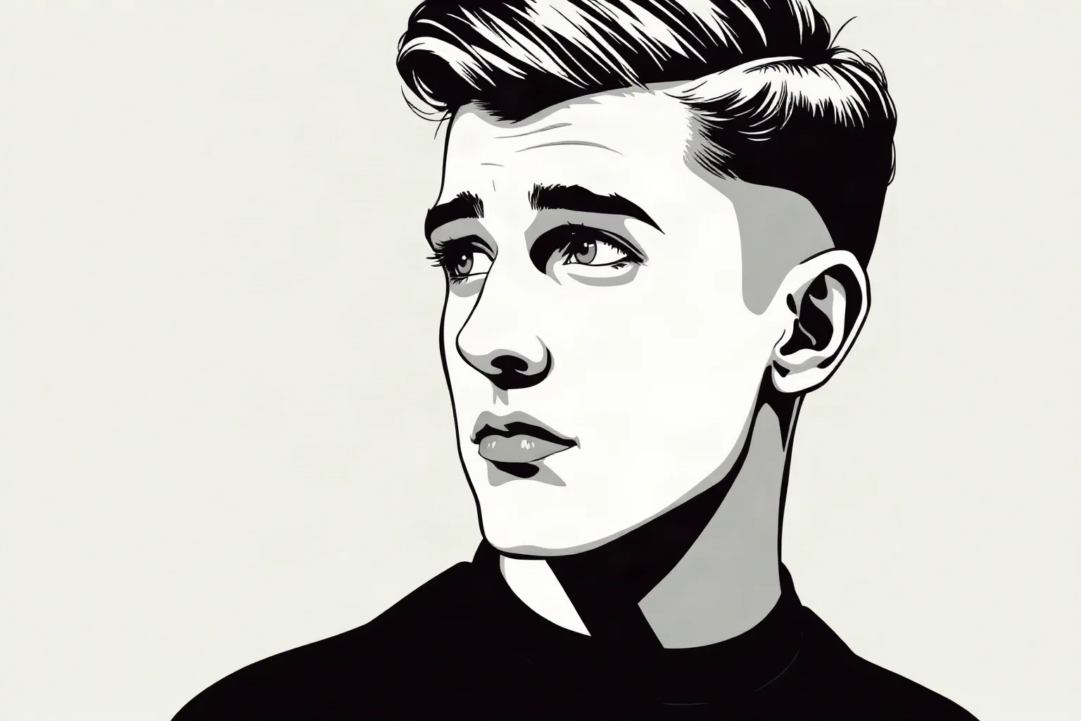 A vintage-style black-and-white portrait illustration of a young man with a classic 1950s haircut, looking thoughtfully into the distance, studio lighting