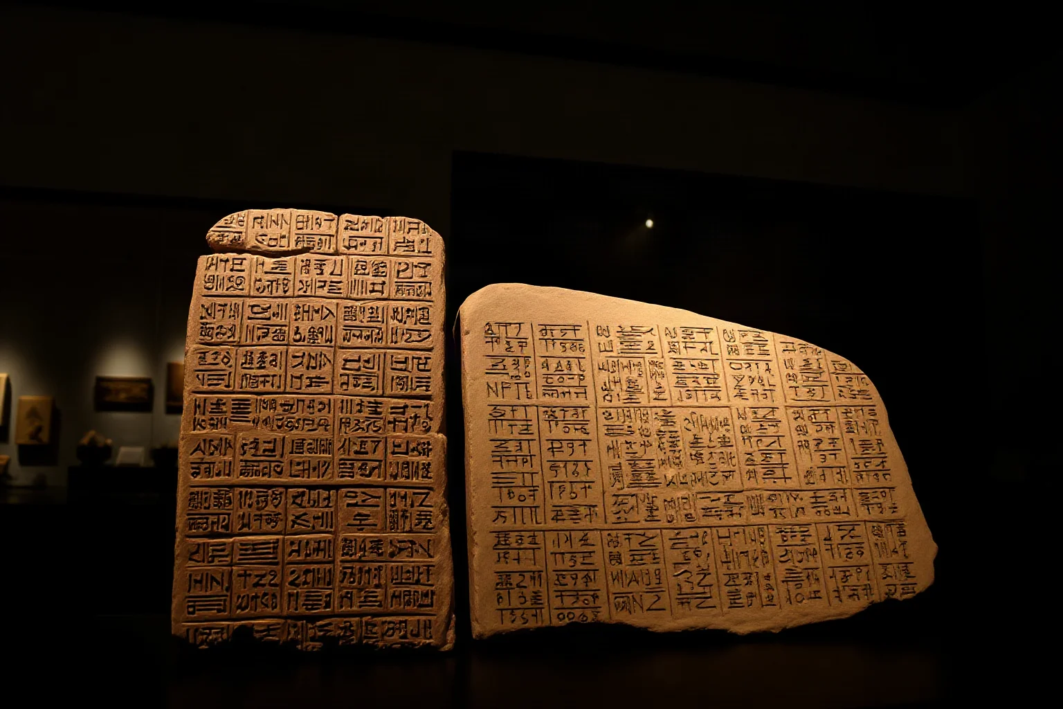 Ancient clay tablets covered in cuneiform script, lit dramatically in a museum setting