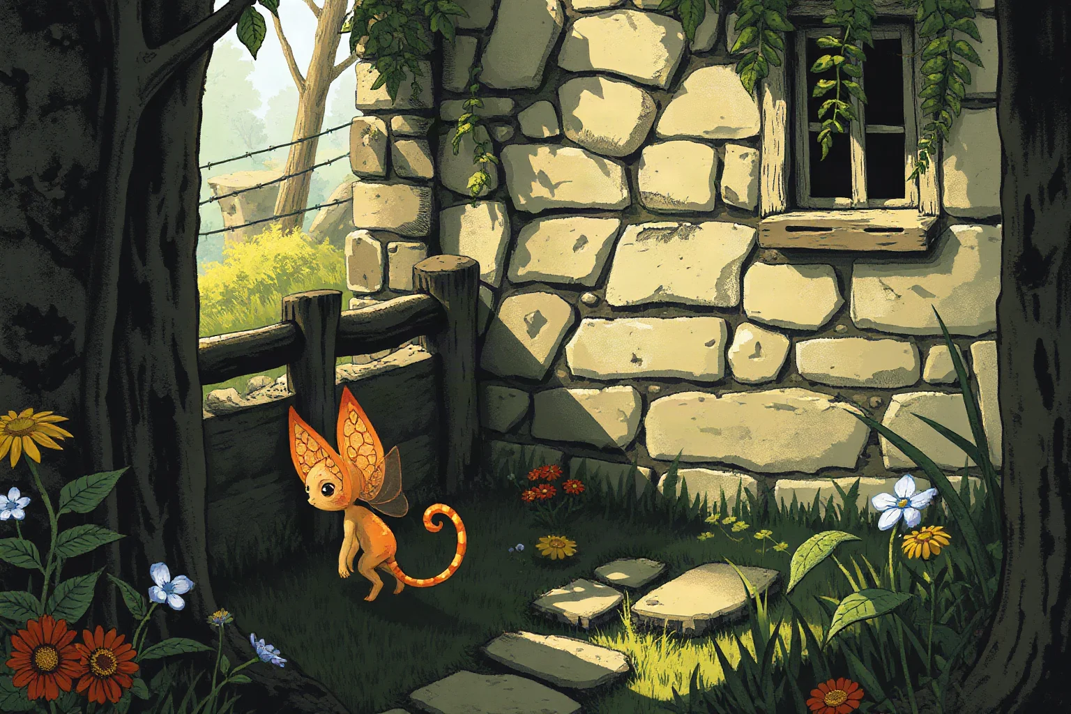 A small scorched-tailed fairy creature lurking in the shadows of an old English cottage garden, folklore illustration style