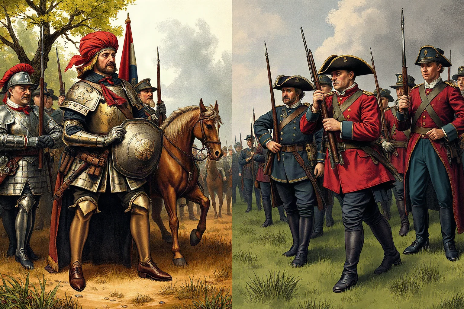 Split illustration comparing 17th-century English Civil War soldiers in armor on one side and 19th-century American Civil War soldiers in uniform on the other, historical illustration style
