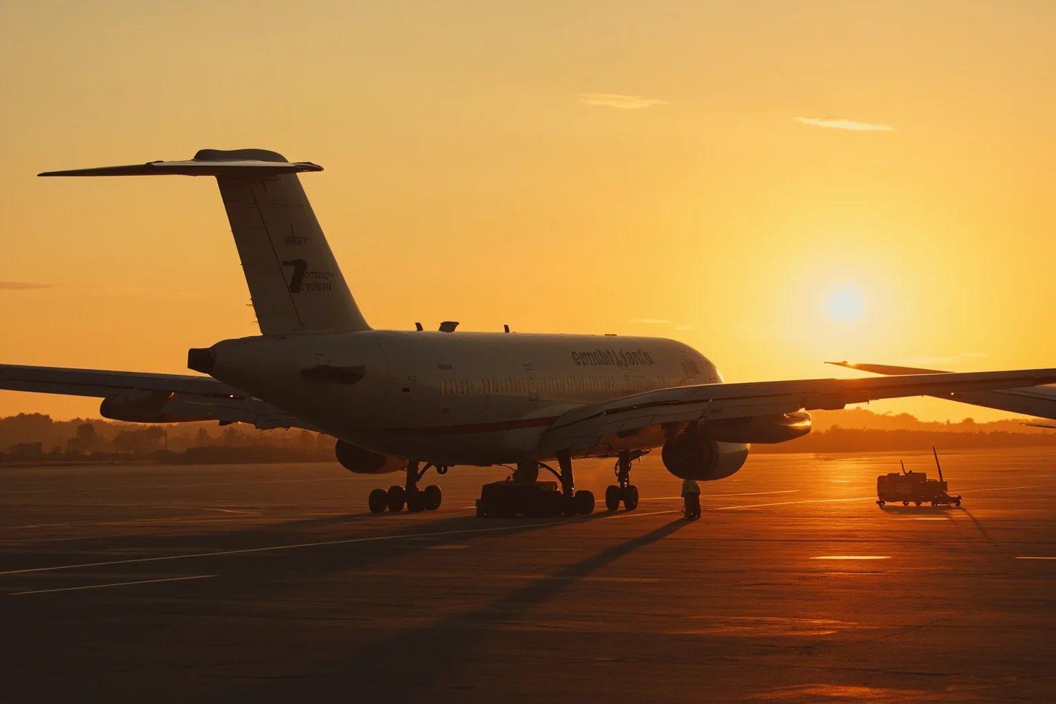 A vintage jumbo jet aircraft on an airport tarmac at golden-hour sunset, evoking a golden age of air travel