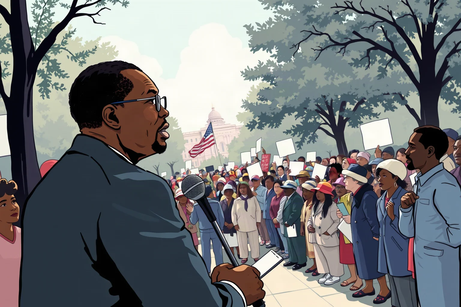 A dignified illustrated portrait of a Black minister in 1960s attire addressing a large peaceful crowd outdoors
