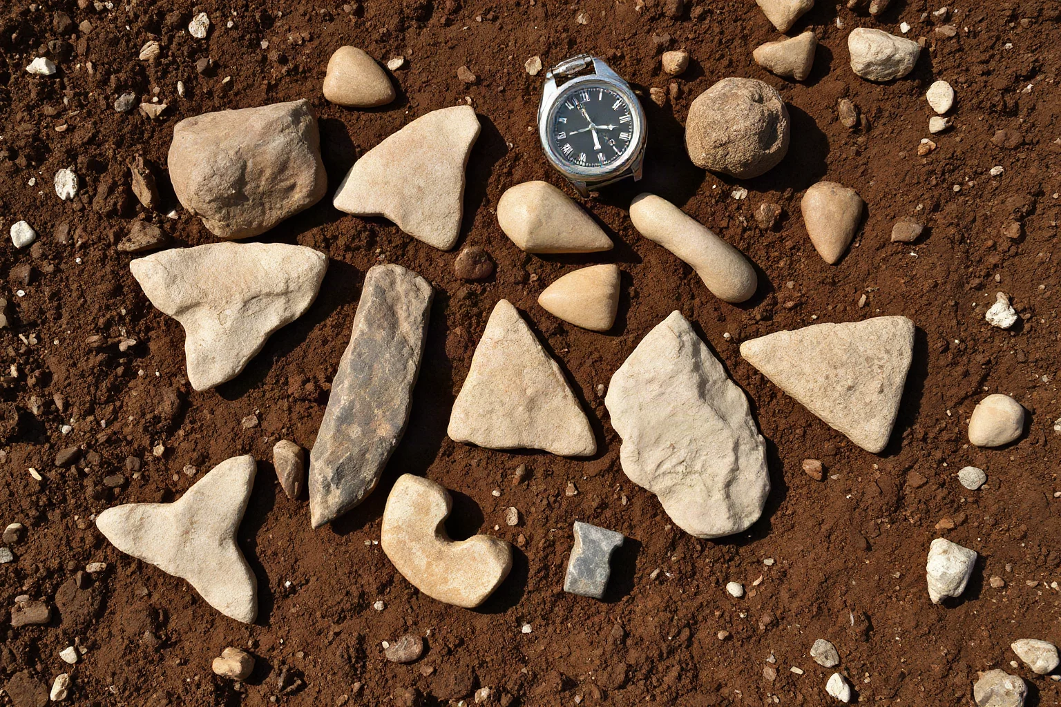 Rough-edged prehistoric stone tools laid out on dark soil at an archaeological dig site