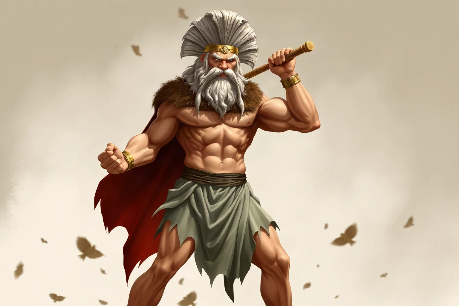 Illustration of a muscular ancient Greek hero wearing a lion pelt, wielding a wooden club, standing heroically