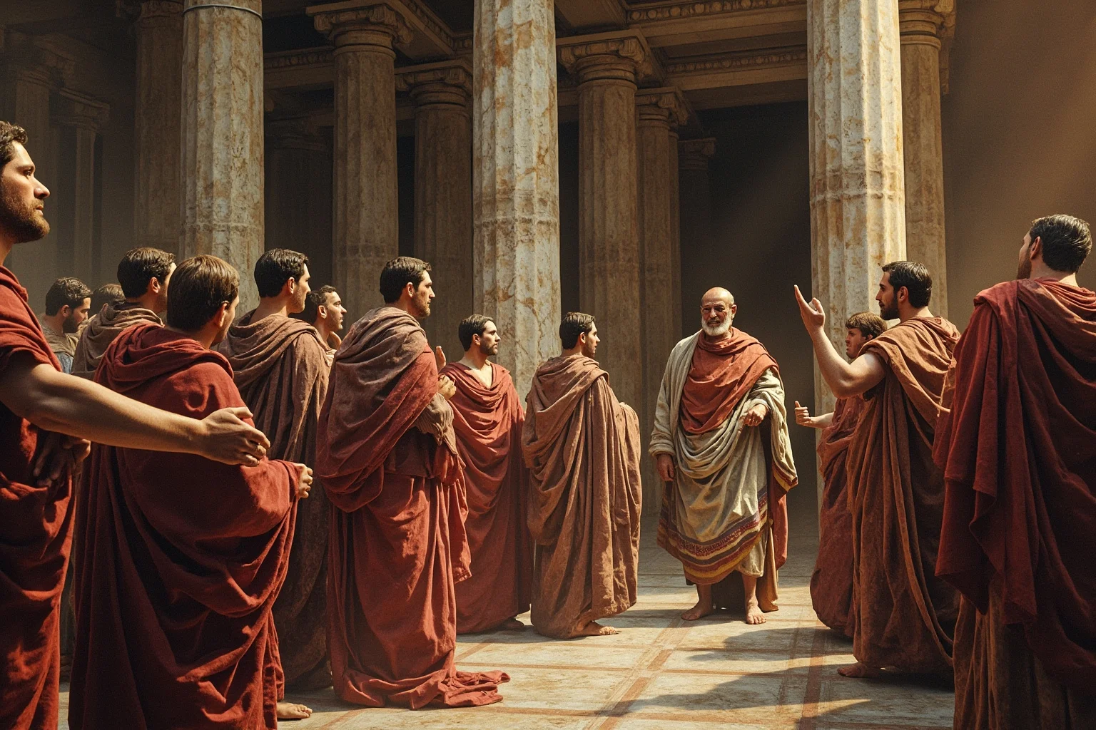 25 Most Memorable Dates in History (And Why They Still Matter) 2 Illustrated dramatic scene of ancient Roman senators in togas confronting a robed leader inside a marble senate chamber