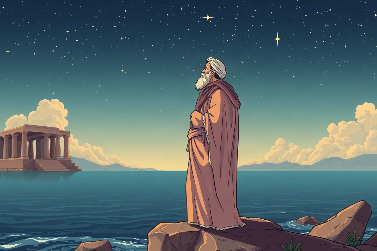 Ancient Greek philosopher in simple robes standing by the sea near Miletus, gazing at the stars, classical illustration style