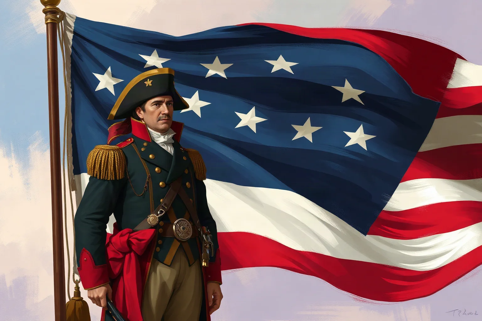 Digital painting of a Revolutionary War-era American general in colonial military uniform standing before a fledgling nation's flag, illustrative style