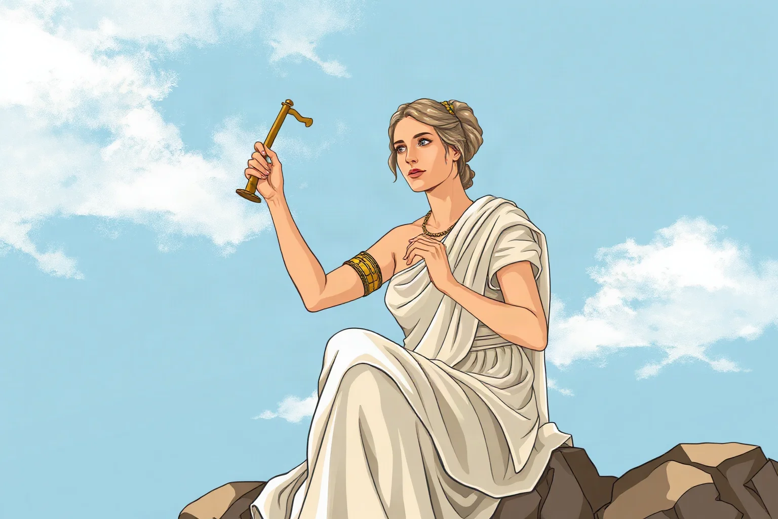 Illustrated portrait of an ancient Greek female poet holding a lyre, seated on a rocky Mediterranean cliffside, classical art style