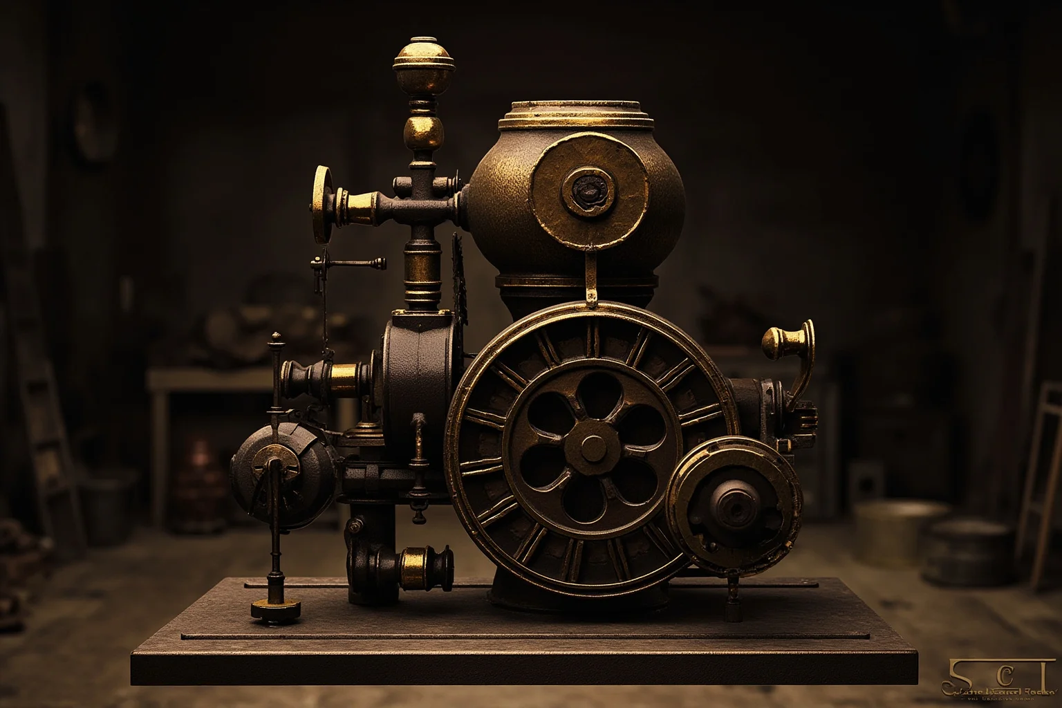 A weathered brass steam engine with a separate condenser mechanism in a dim 18th-century workshop, illustration style