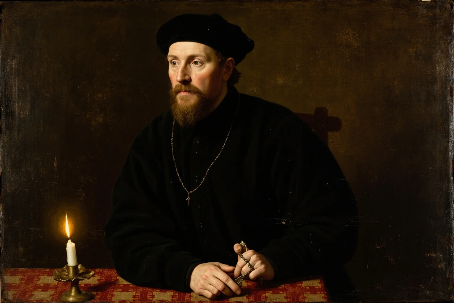 26 Facts About Nostradamus and His Predictions 2 A weathered Renaissance-style portrait painting of a fictional 16th-century scholar in a dark robe and cap, seated at a candlelit desk, generic and not resembling any real public figure