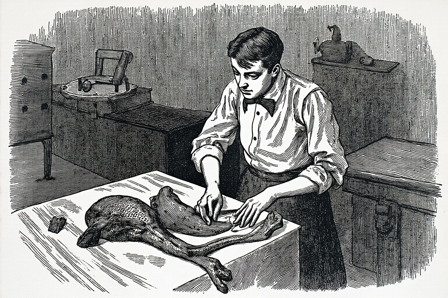 Vintage-style illustration of a young Victorian medical student looking uneasy in a dissection lecture hall