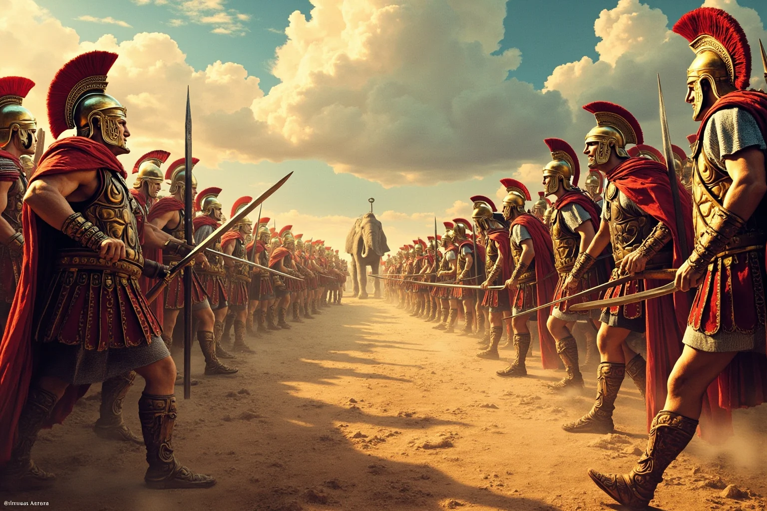 26 of History's Most Famous Rivalries 2 Ancient Roman and Carthaginian soldiers facing off with war elephants in the background, historical illustration style