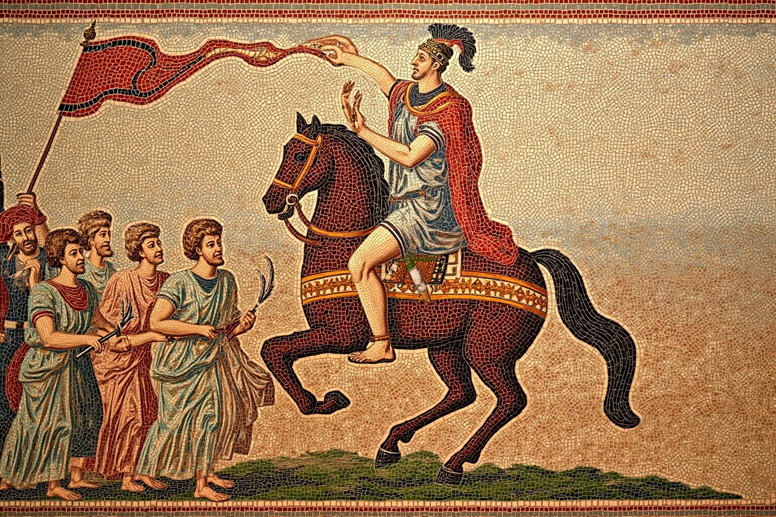 Ancient Roman mosaic-style illustration of Julius Caesar on horseback after a battlefield victory, triumphant banner in the background, historical art style