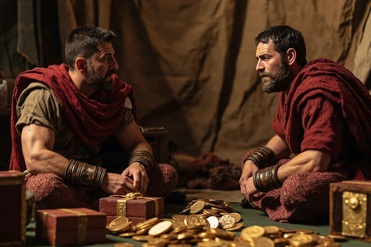 20 of History's Most Infamous 'Ugly' Figures — Myth vs. Reality 3 5th century Roman diplomat meeting with a short, swarthy warrior leader with flat nose in a tent, gold coins and diplomatic gifts visible