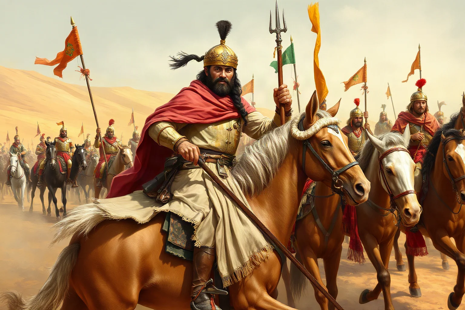 7th-century Arab cavalry commander in desert armor leading mounted troops, illustrative historical style