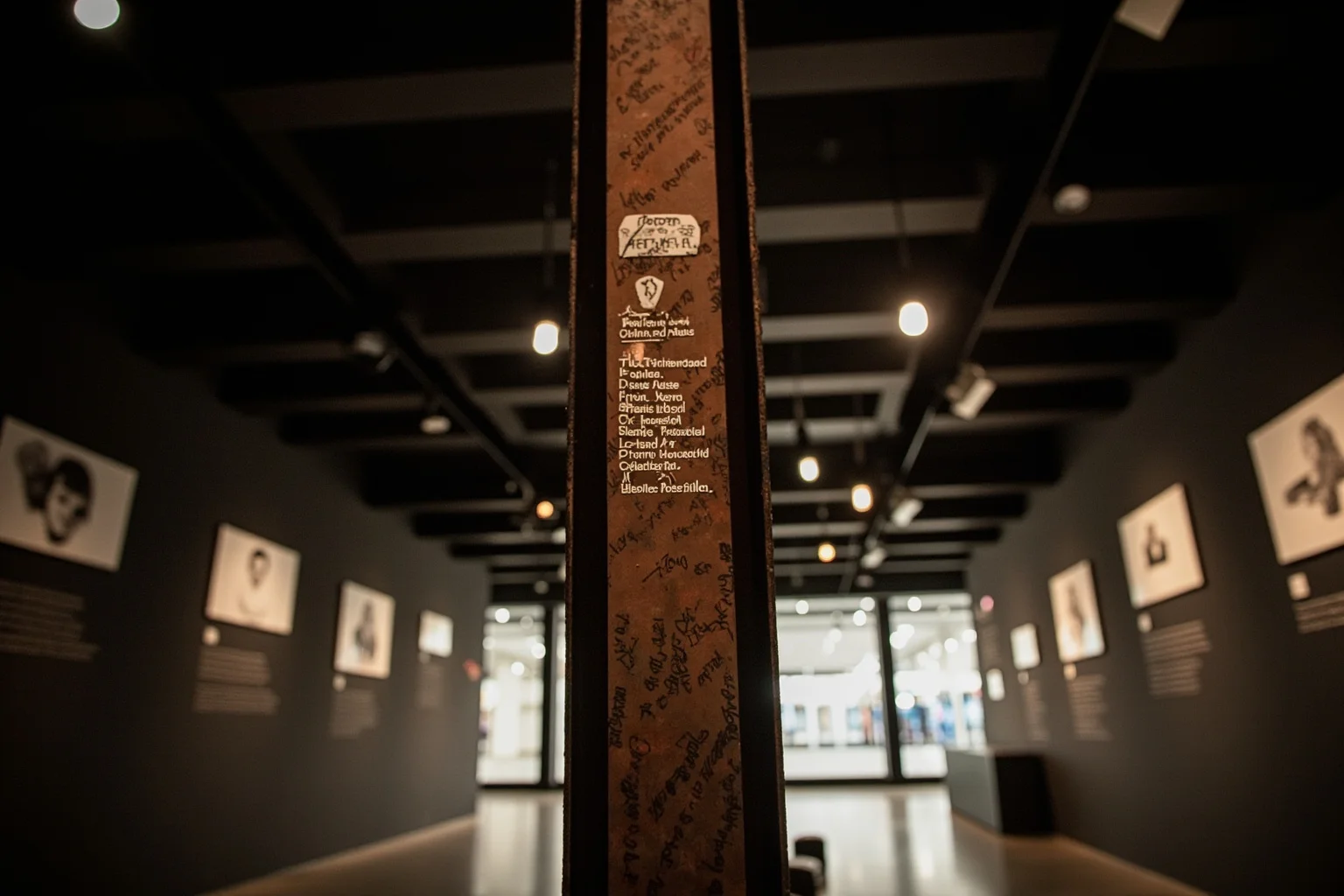 A tall rusted steel beam covered in handwritten tributes and photographs, standing alone in a dim museum hall
