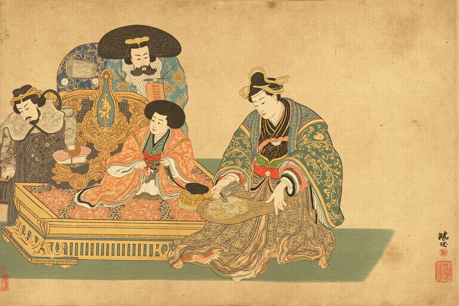 A 12th-century Japanese imperial court scene with a young child on an ornate throne, traditional ink and color painting style