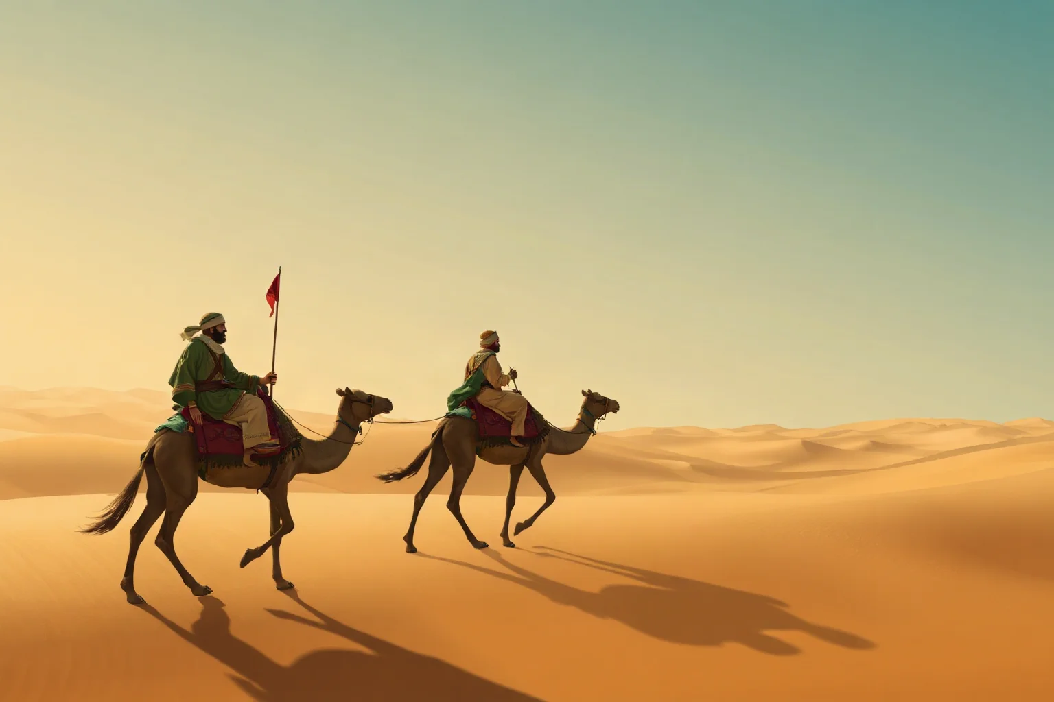 A 14th-century Moroccan traveler on a camel caravan crossing a desert trade route, illustrated historical style