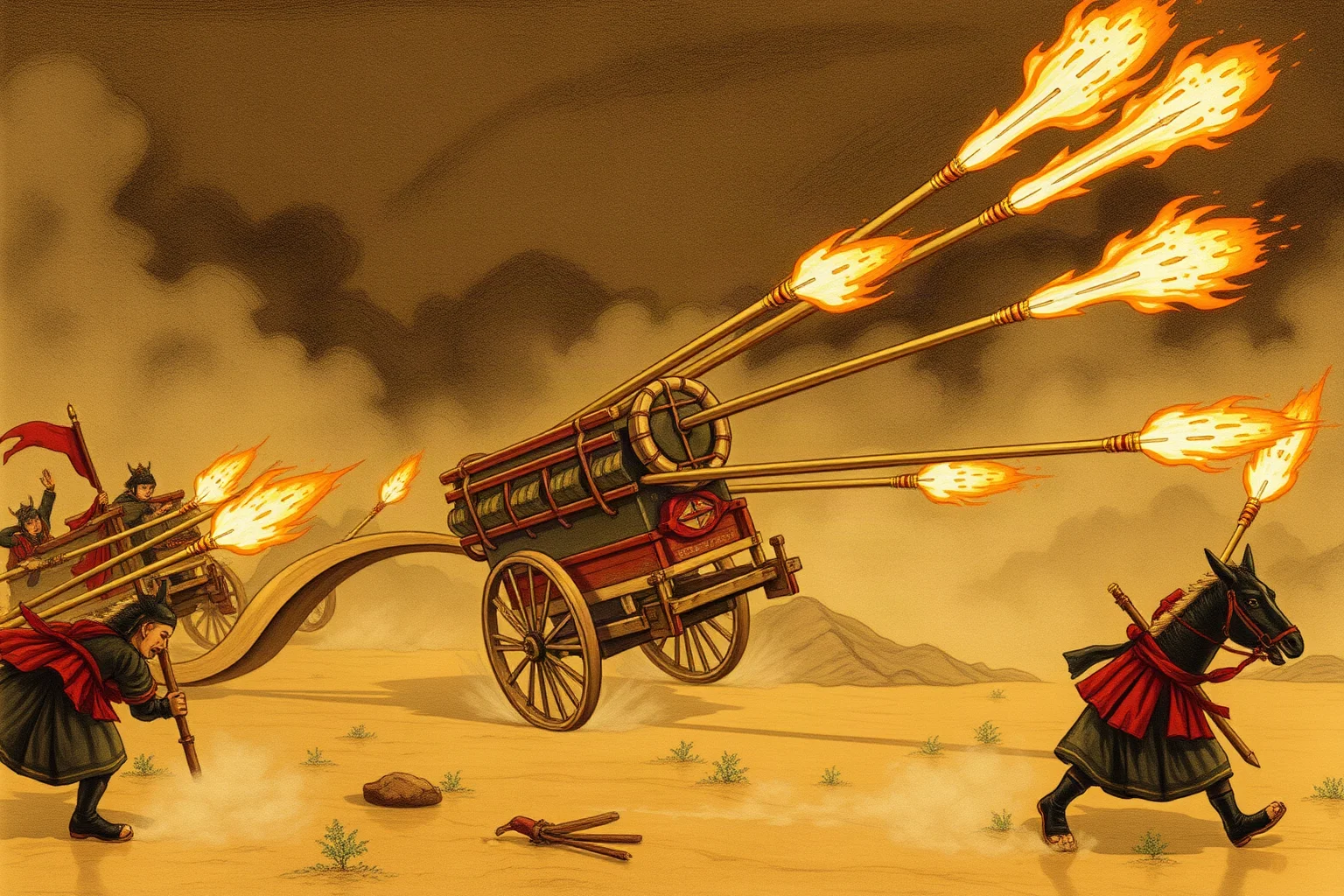 A 15th-century Korean hwacha rocket cart firing multiple fire-arrows, dramatic battlefield illustration