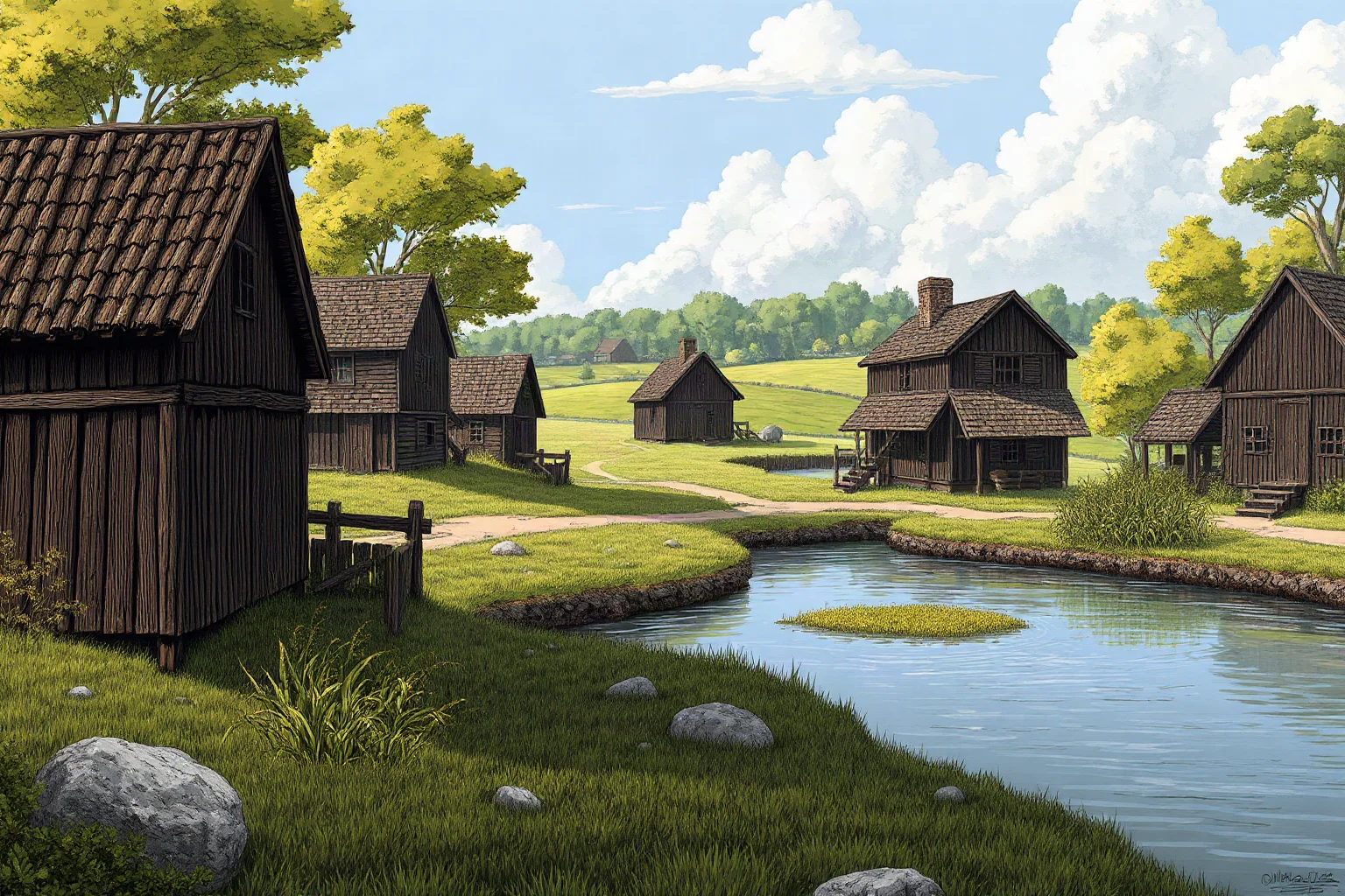 A 1620s coastal New England village scene with cornfields and wooden longhouses, historical illustration style