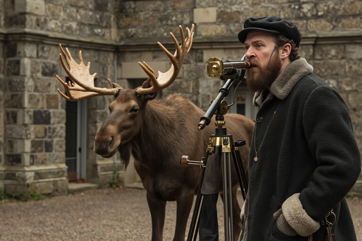 A 16th-century astronomer with a metal nose prosthetic standing beside a telescope, with a pet moose nearby in a stone courtyard