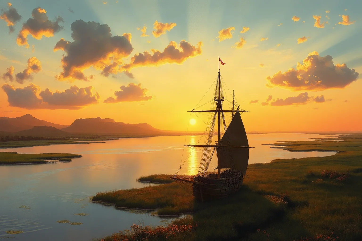 A 16th-century English sailing ship anchored off a marshy barrier island coastline, sunset lighting, painterly historical illustration