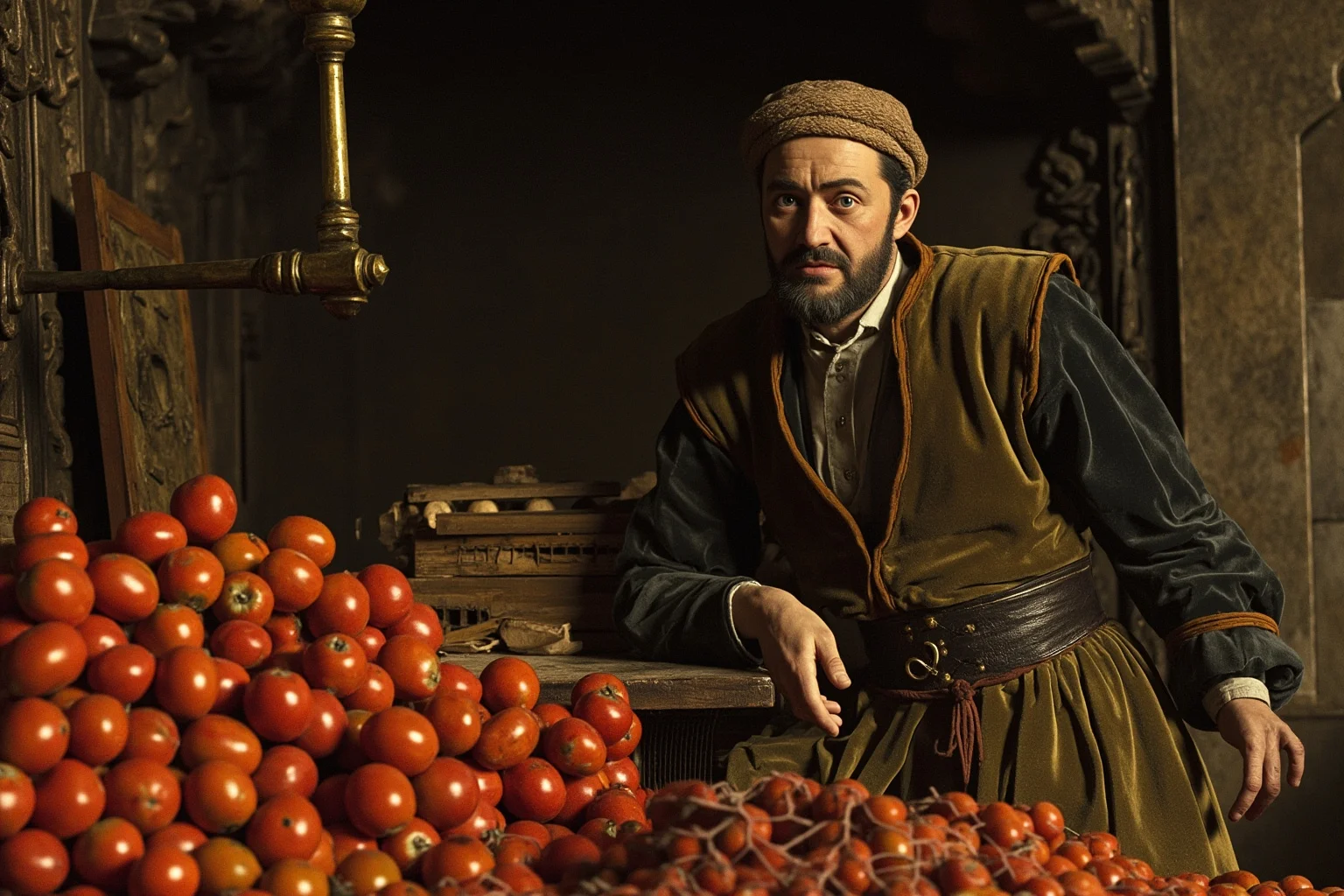 A 16th-century European market stall with suspicious-looking tomatoes and a wary shopper