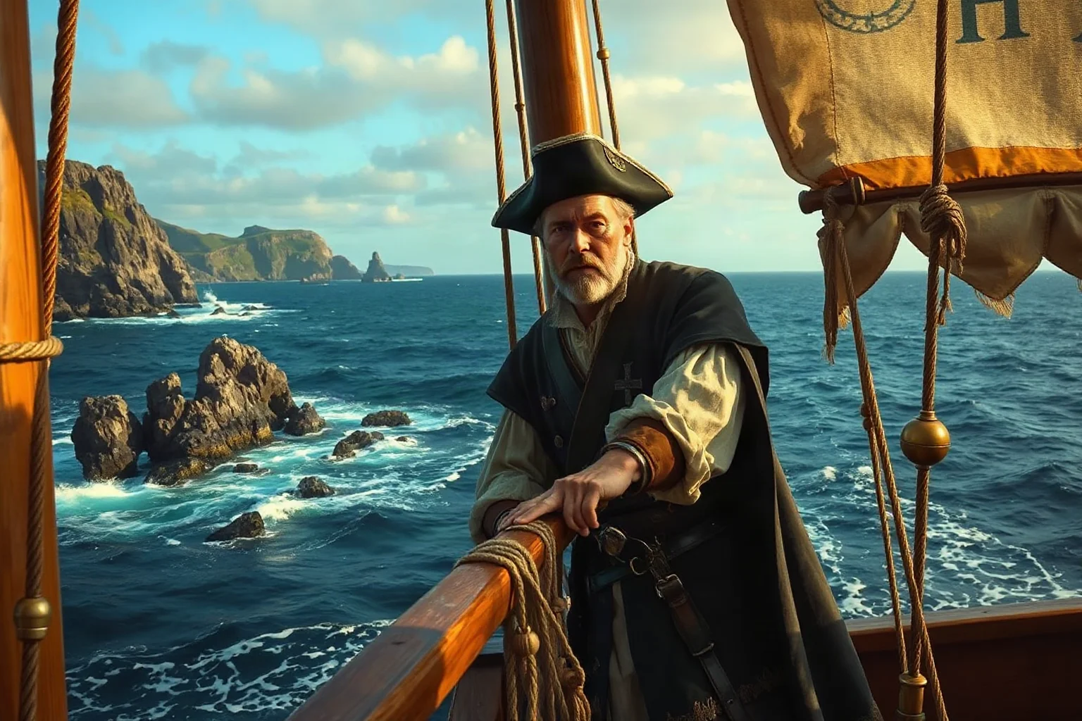 A 16th-century Irish sea captain on the deck of a wooden sailing ship off a rocky Atlantic coastline, artistic rendering