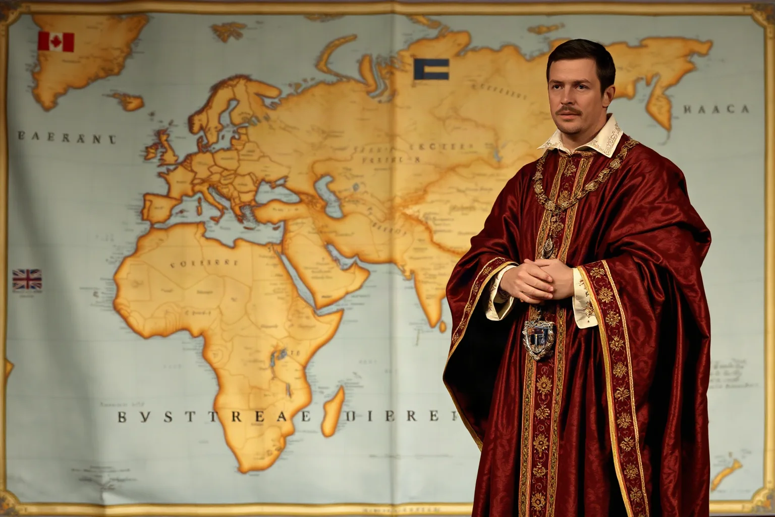A 16th-century monarch standing before a world map showing vast overseas territories
