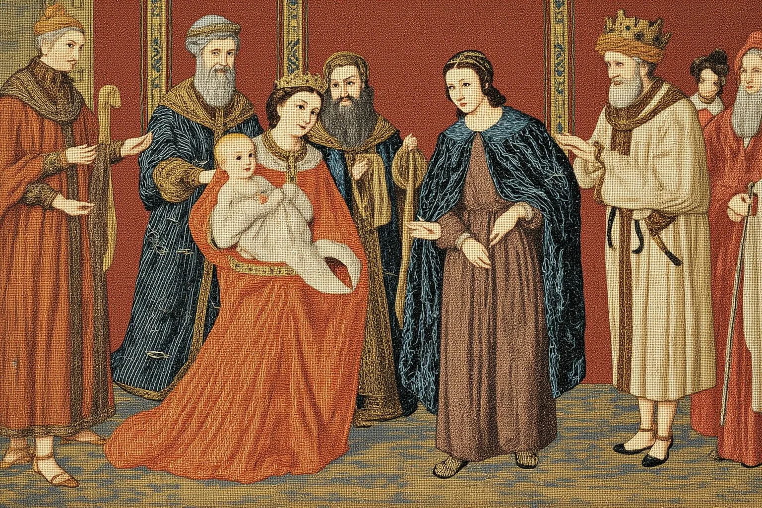 A 16th-century Scottish coronation scene with a toddler in royal robes attended by regents, tapestry-style illustration