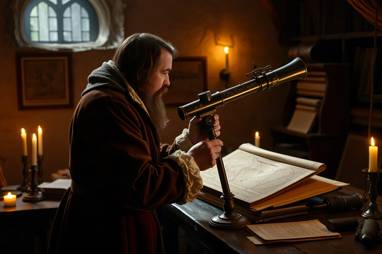 A 17th-century astronomer with a telescope and star charts in a candlelit study