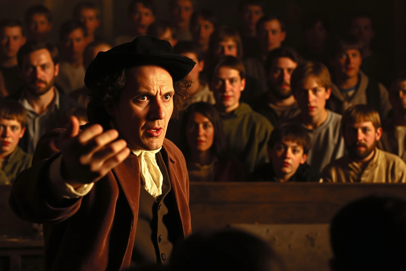A 17th-century Englishman in Puritan-era clothing gesturing dramatically before a shocked crowd