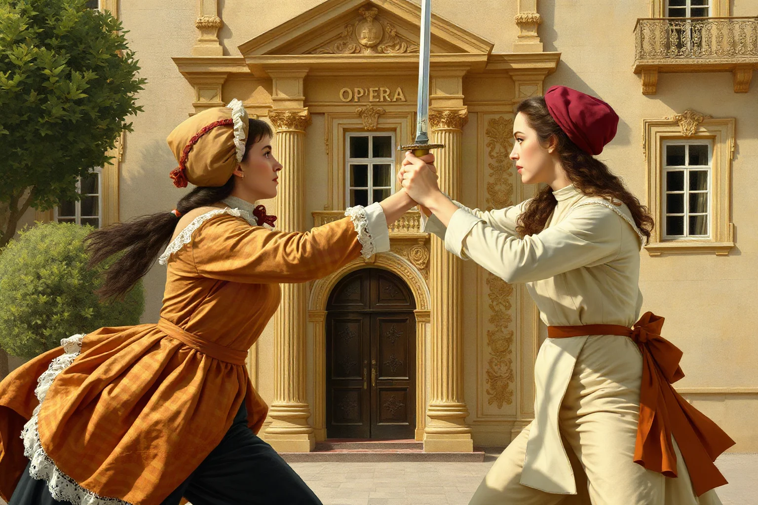 A 17th-century French noblewoman in fencing attire dueling with a rapier outside an opera house, historical illustration
