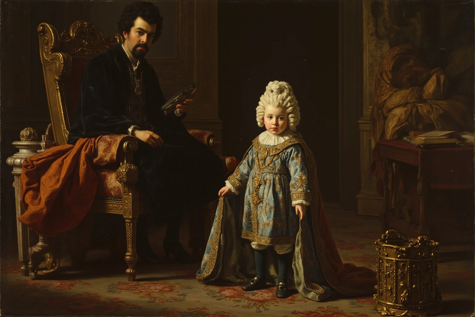 A 17th-century French palace throne room with a young child in royal robes and an elaborate powdered wig, baroque painting style