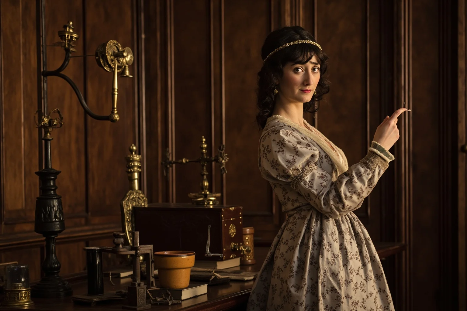 Philosophers Everyone's Heard Of, and 20 Everyone Forgot About 15 A 17th-century noblewoman in elaborate dress observing scientific instruments in a grand wood-paneled study