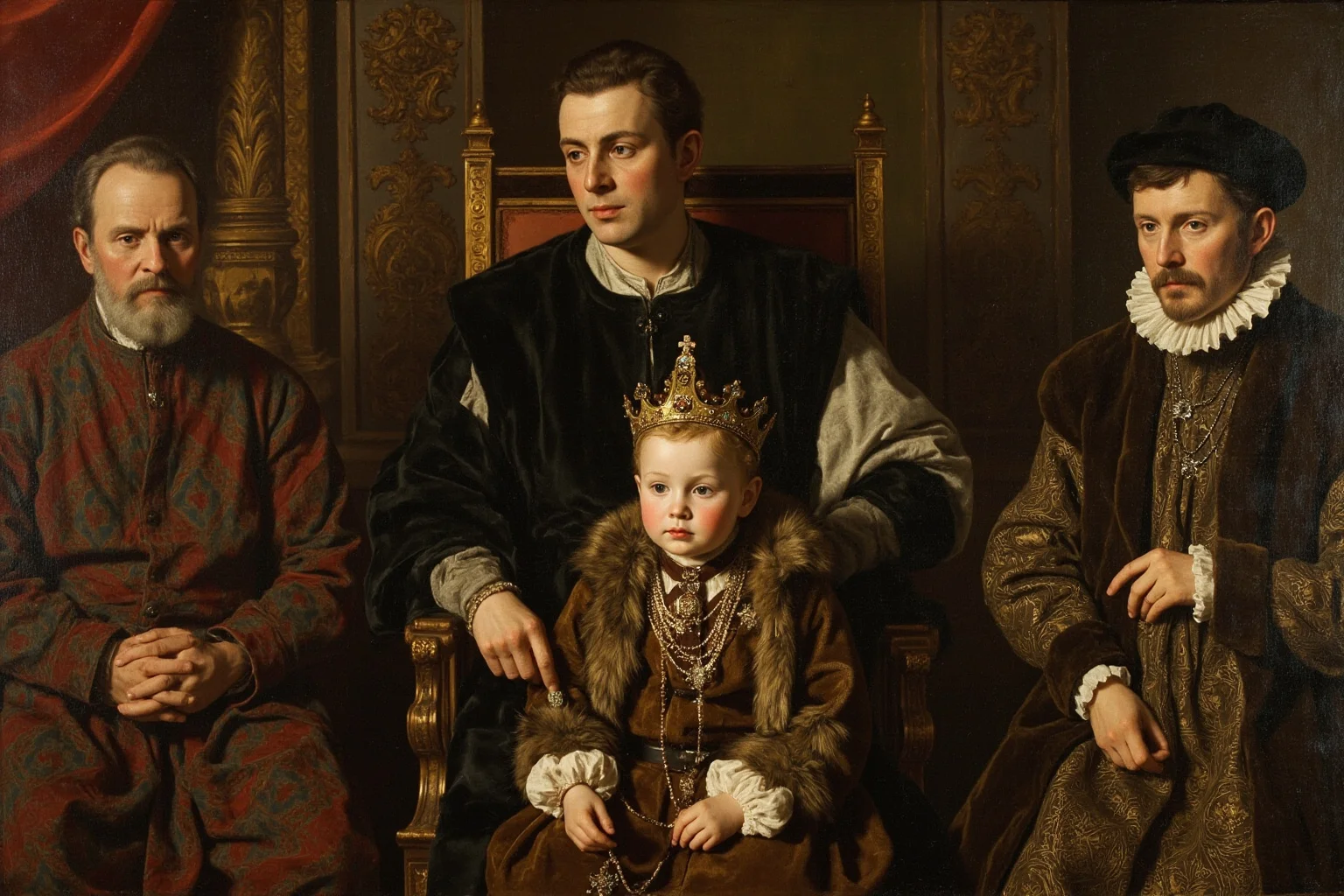 A 17th-century Scandinavian royal court with a young child in royal furs and jewels seated among advisors, oil painting style