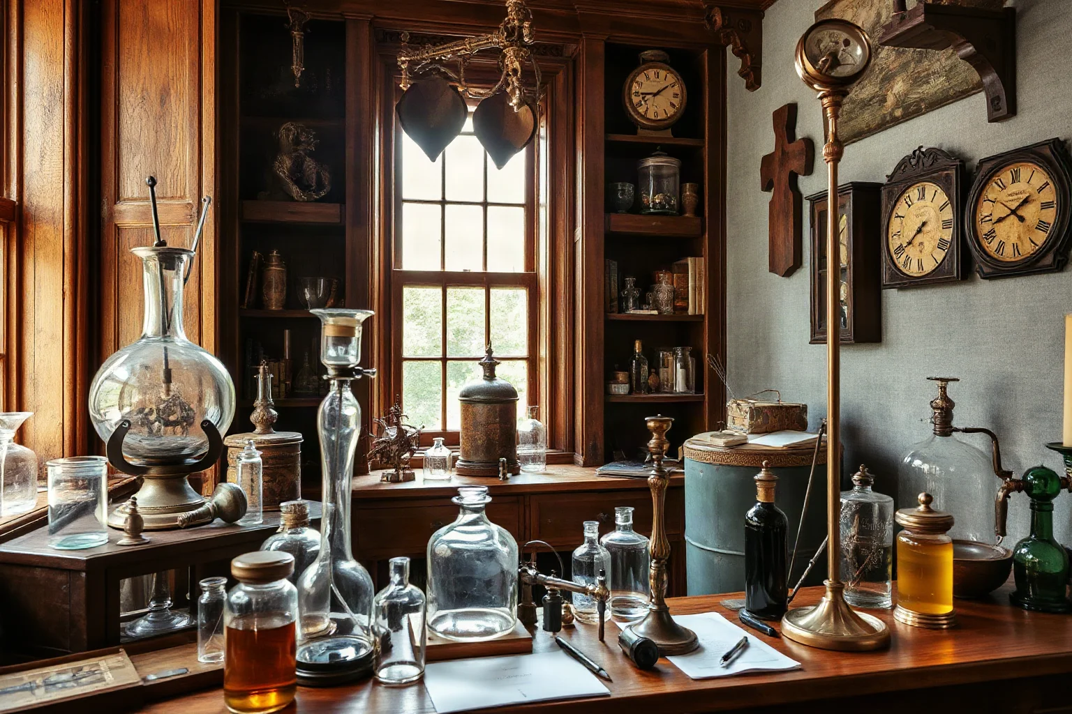 A 17th-century scientist's study filled with glass vials, gas tubes, and old scientific instruments