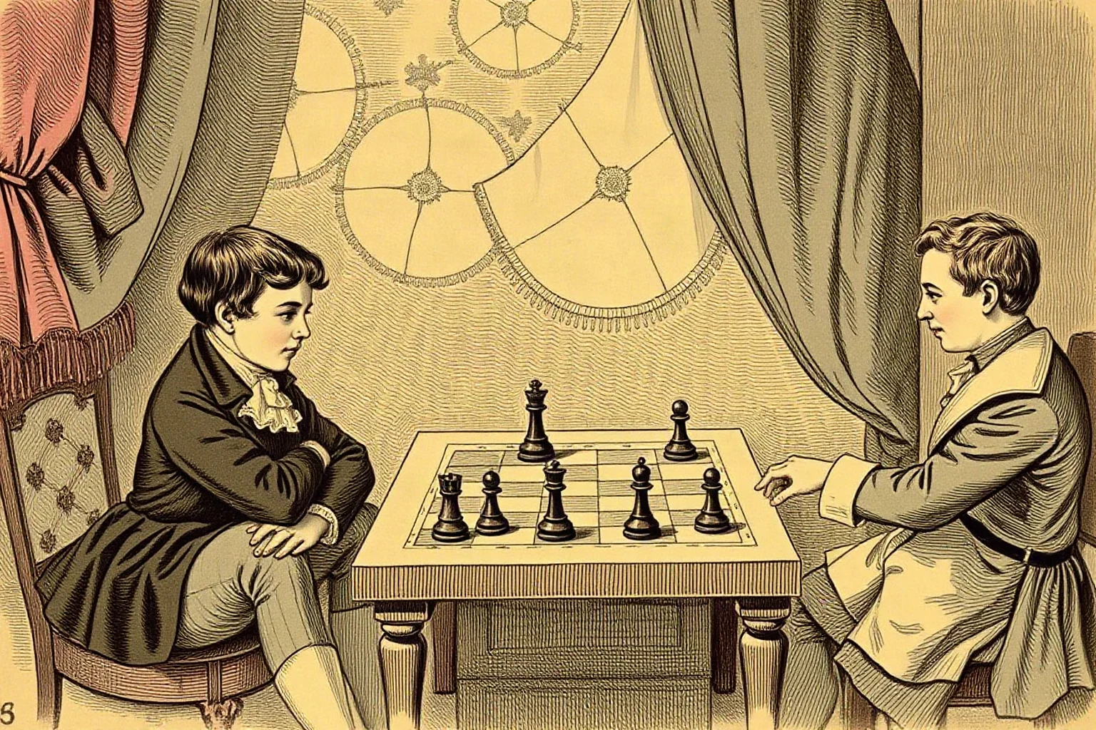 A 1850s period illustration of a young, elegantly dressed chess prodigy playing multiple opponents at once