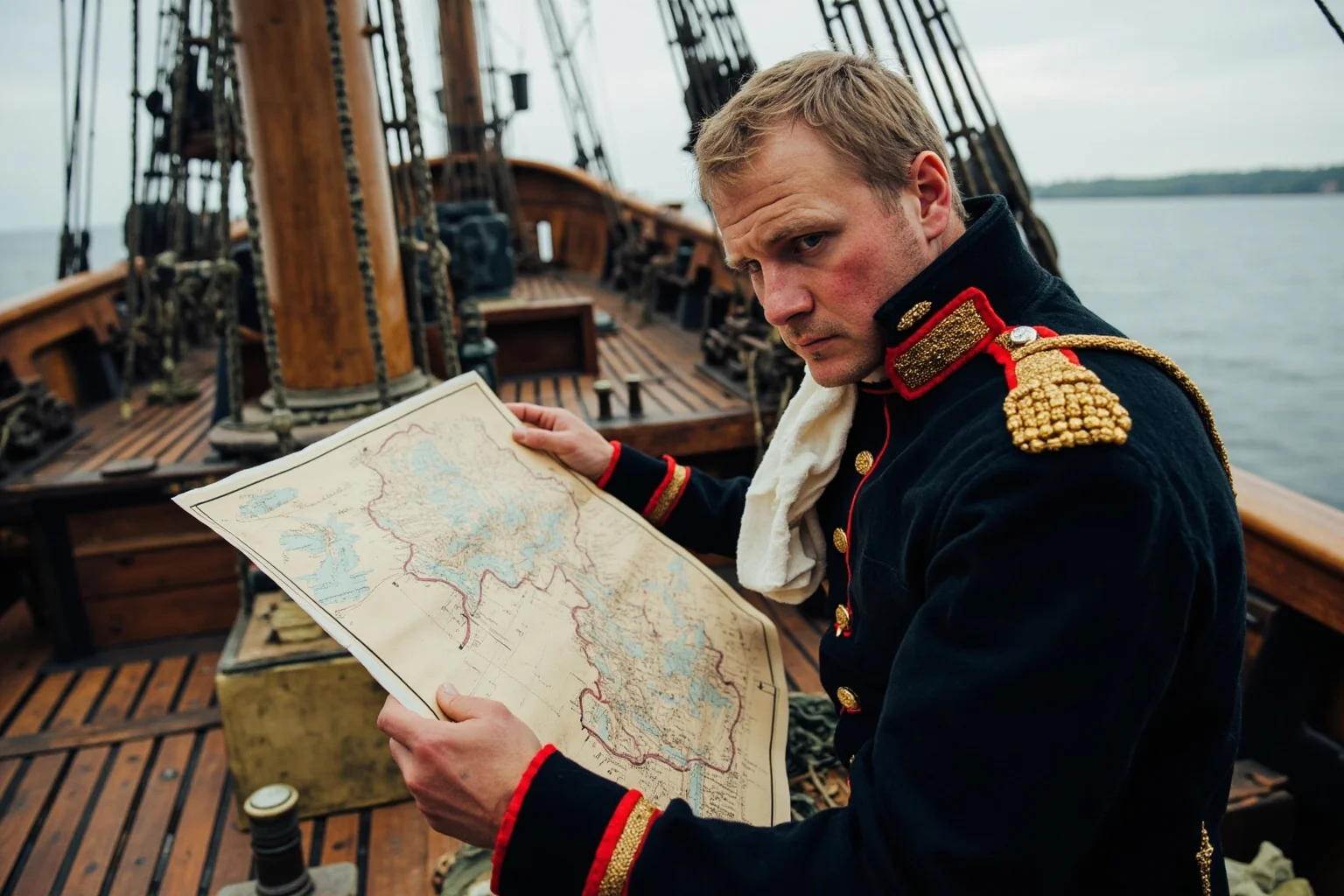 A 18th century British naval officer in uniform on the deck of a merchant-disguised warship, studying maps of pirate hunting routes and trade routes